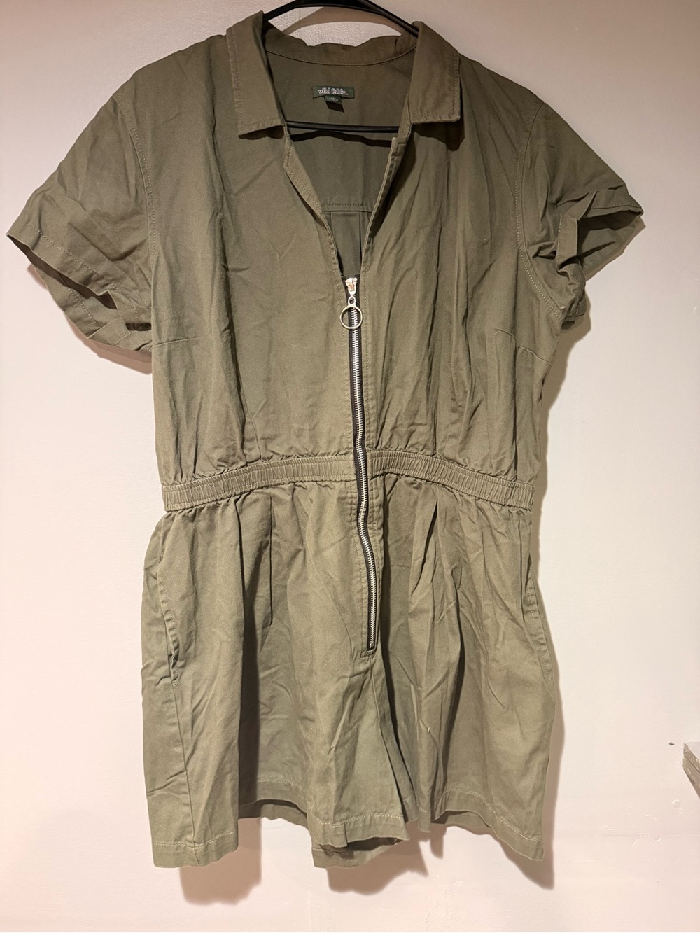 Olive Short-Sleeve Zip-Front Utility romper